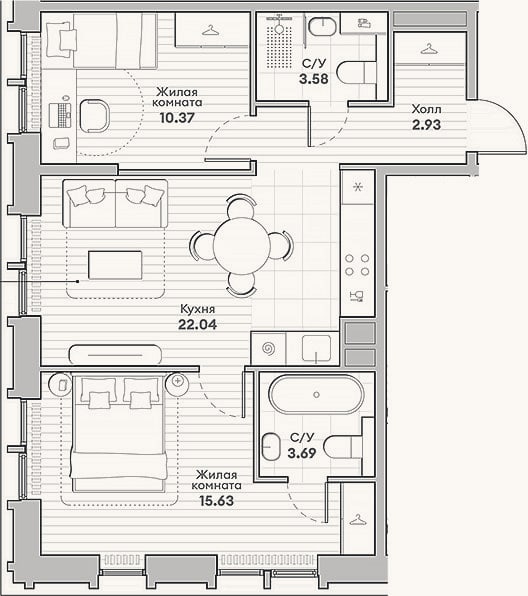Планировка: 2-к, 58,2 м²