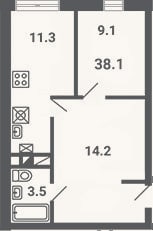 Планировка: 1-к, 38,1 м²