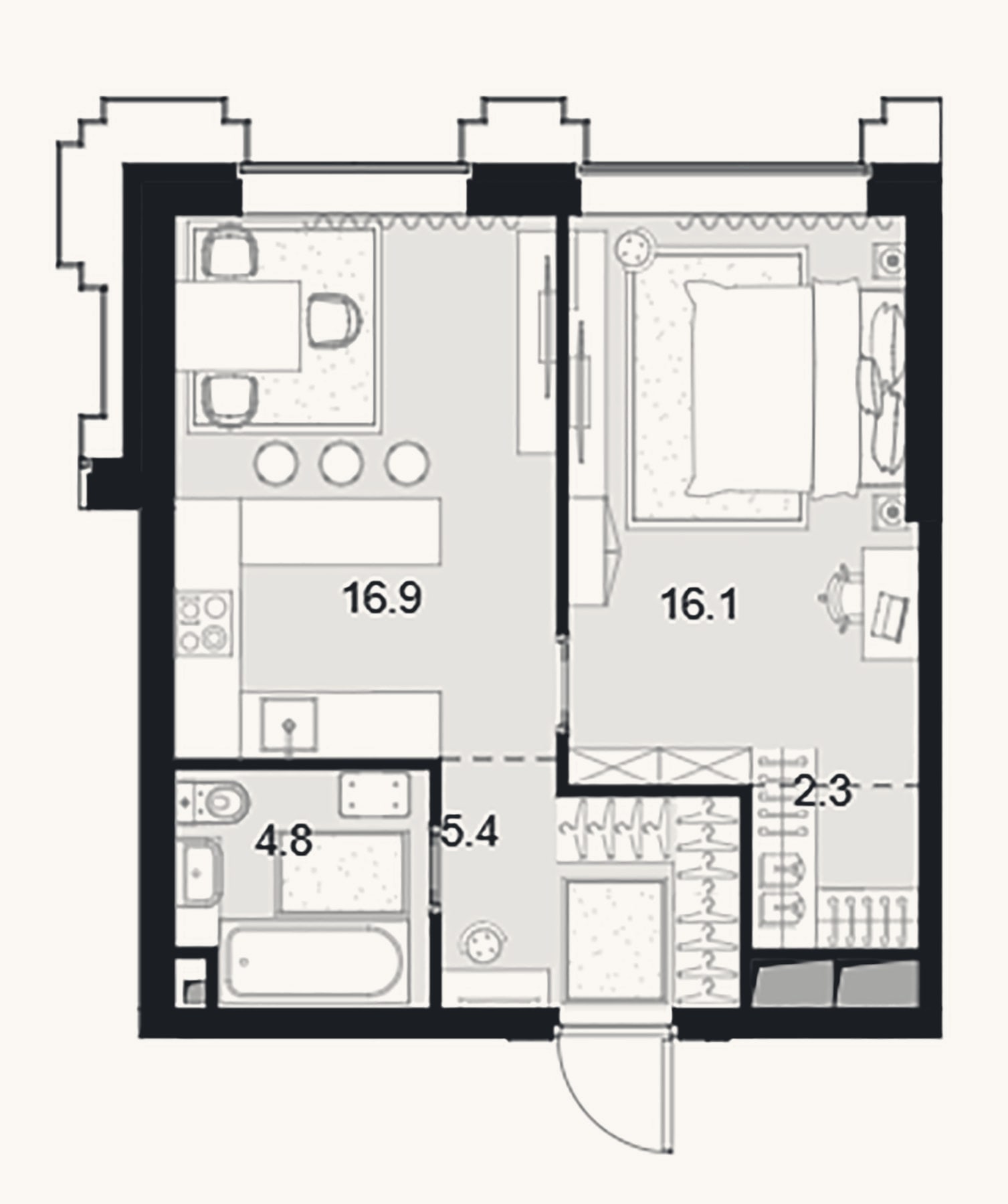 Планировка: 1-к, 45,5 м²