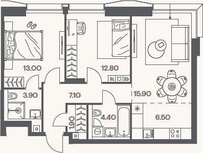 Планировка: 3-к, 65,5 м²