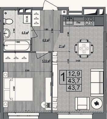 Планировка: 2-к, 43,7 м²