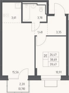 Планировка: 2-к, 38,7 м²