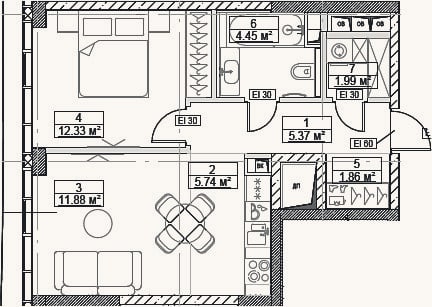 Планировка: 2-к, 43,6 м²