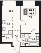 Планировка: 2-к, 46,7 м²