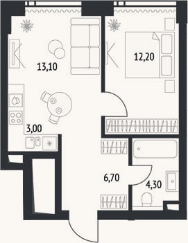 Планировка: 2-к, 40,6 м²