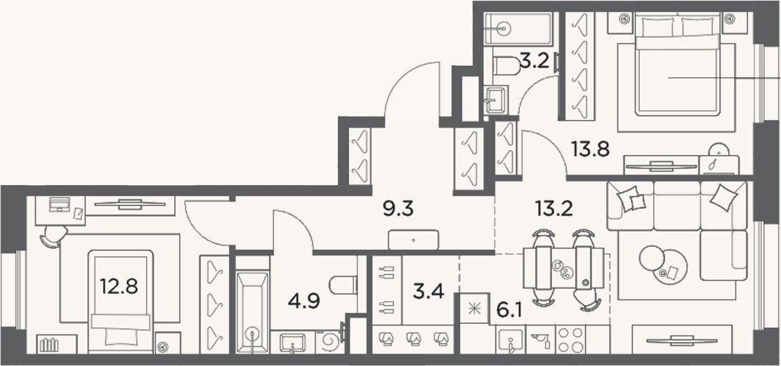 Планировка: 3-к, 66,7 м²