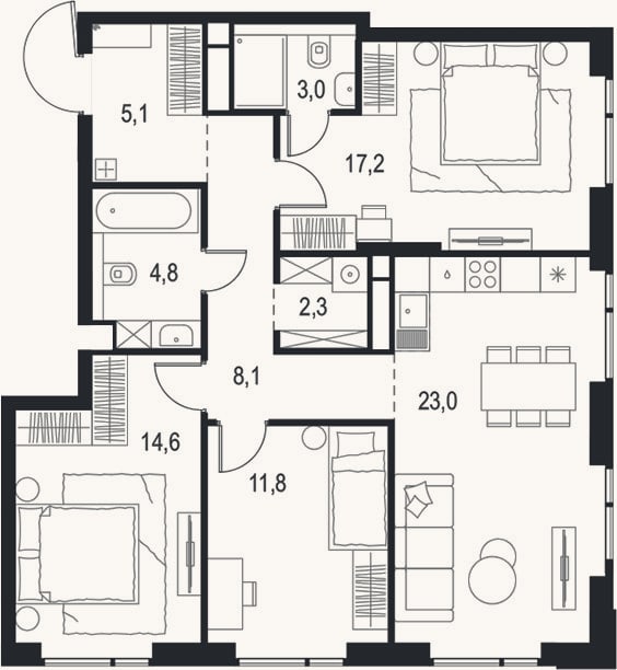 Планировка: 4+ к, 89,9 м²