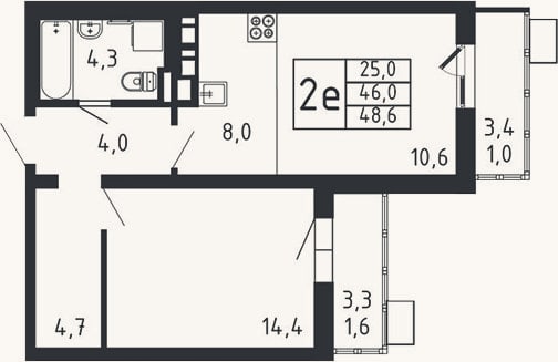 Планировка: 2-к, 46 м²