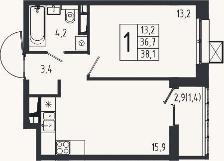 Планировка: 1-к, 36,7 м²