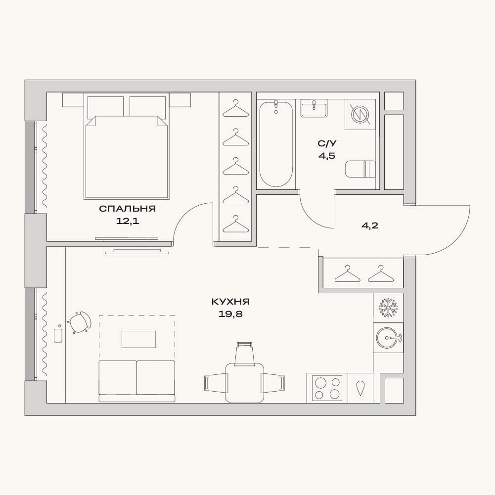 Планировка: 2-к, 40,6 м²