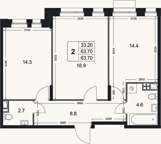 Планировка: 2-к, 63,7 м²