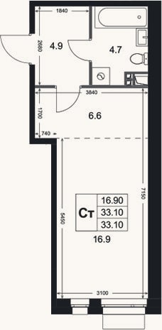 Планировка: Студия, 33,1 м²
