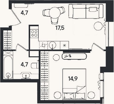 Планировка: 2-к, 41,8 м²