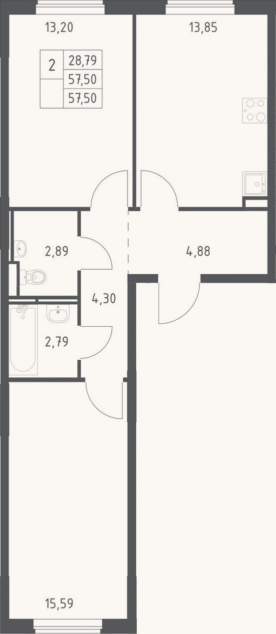 Планировка: 2-к, 57,5 м²