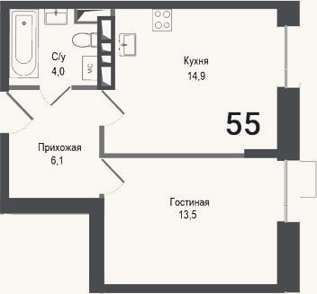Планировка: 1-к, 38,5 м²