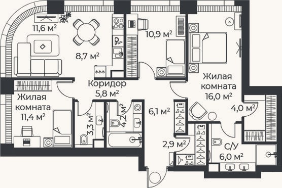 Планировка: 4+ к, 90,9 м²