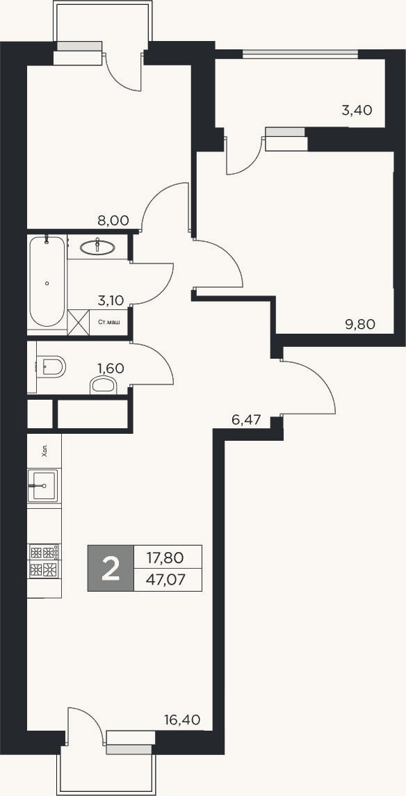 Планировка: 3-к, 45,4 м²