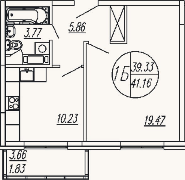 Планировка: 1-к, 39,3 м²