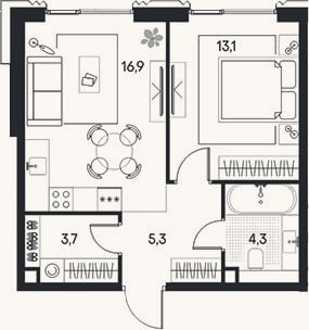 Планировка: 2-к, 43,3 м²