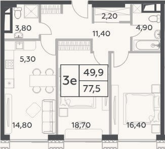 Планировка: 3-к, 77,5 м²
