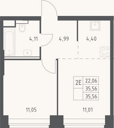 Планировка: 2-к, 35,6 м²
