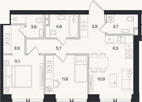 Планировка: 3-к, 65,2 м²