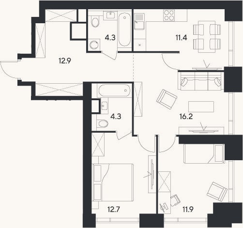 Планировка: 3-к, 73,7 м²