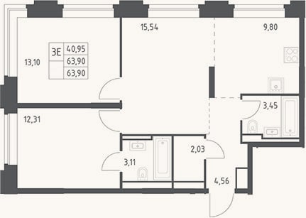 Планировка: 3-к, 63,9 м²