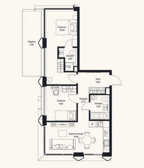 Планировка: 3-к, 60,4 м²