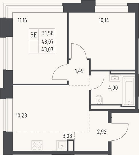Планировка: 3-к, 43,1 м²