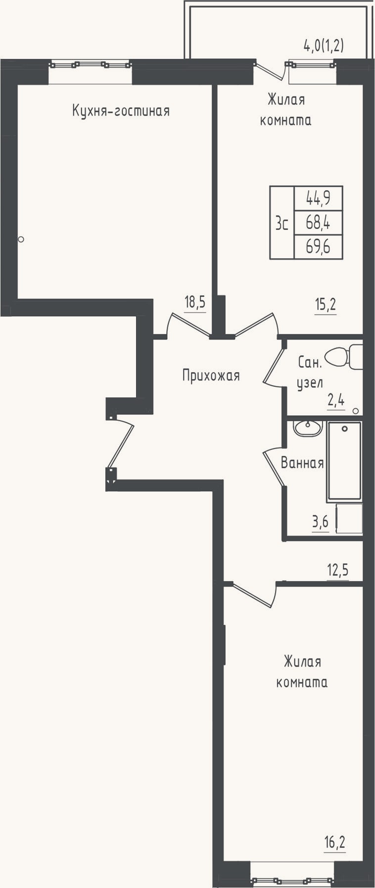 Планировка: 2-к, 68,4 м²