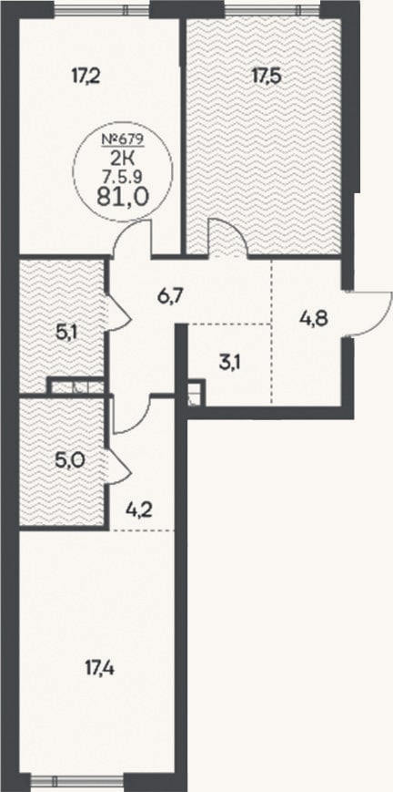 Планировка: 2-к, 81 м²