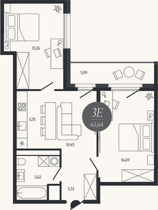 Планировка: 3-к, 59,1 м²