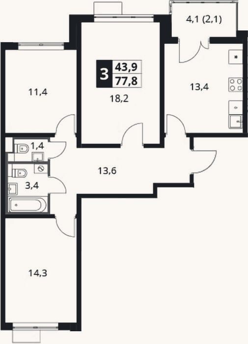 Планировка: 3-к, 75,7 м²