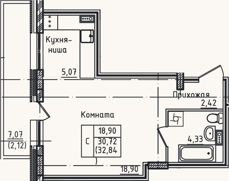 Планировка: Студия, 30,7 м²