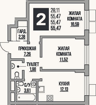 Планировка: 2-к, 55,5 м²