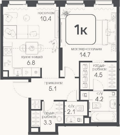 Планировка: 1-к, 51,1 м²