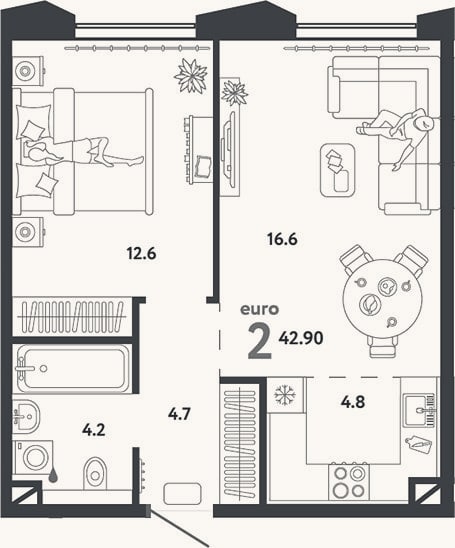 Планировка: 2-к, 42,9 м²