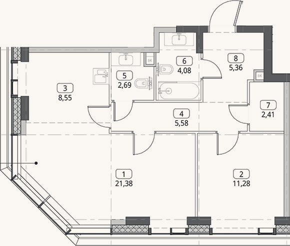 Планировка: 2-к, 61,3 м²