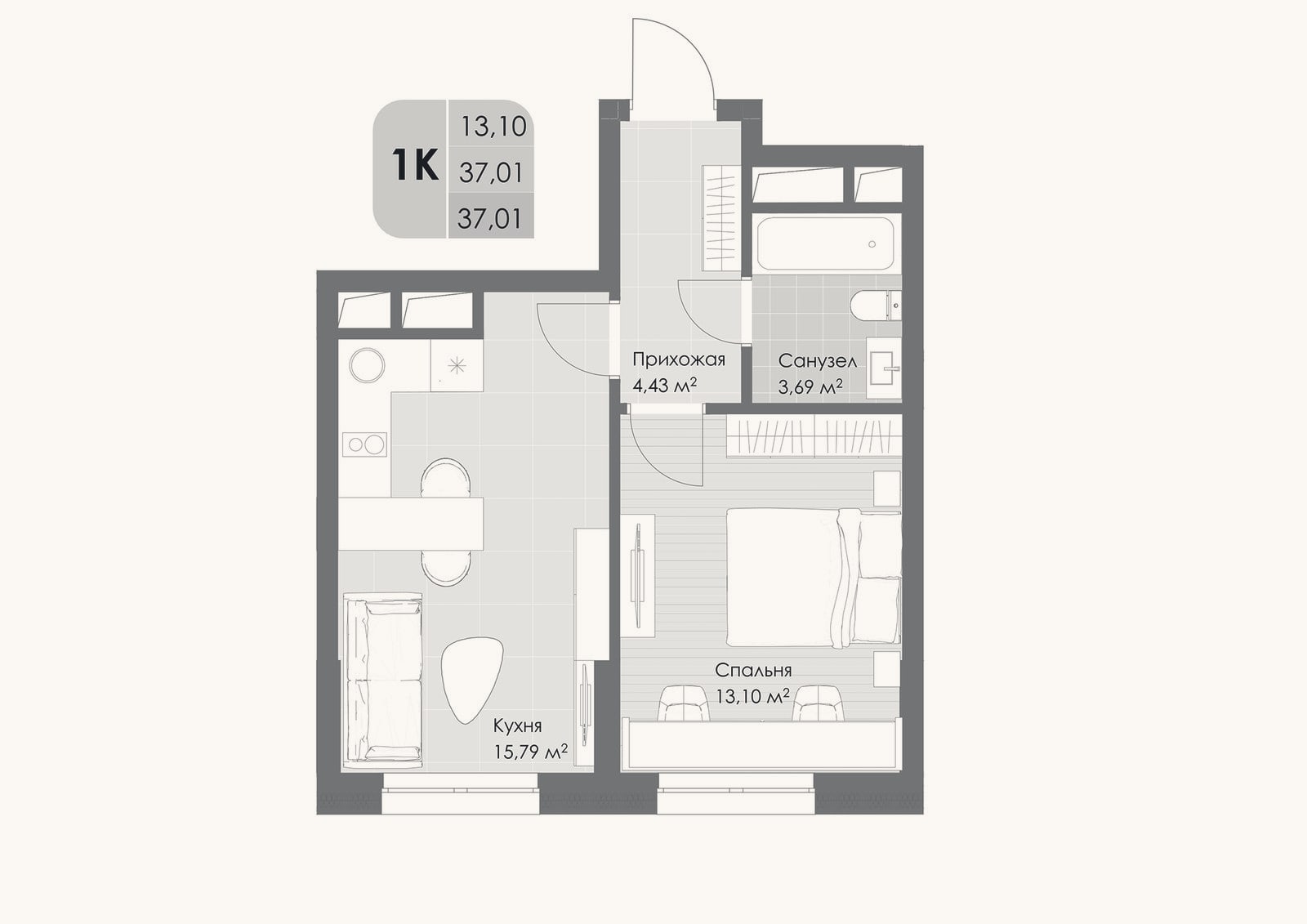 Планировка: 1-к, 37 м²