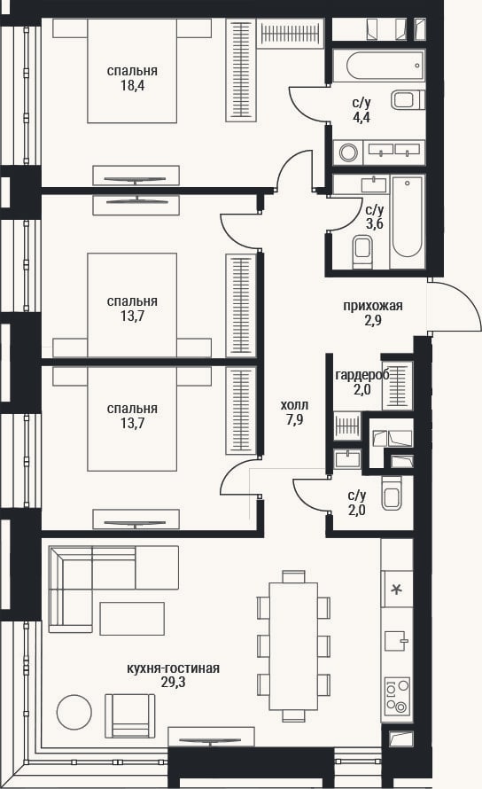 Планировка: 4+ к, 97,9 м²