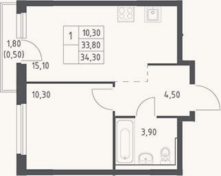Планировка: 2-к, 33,8 м²