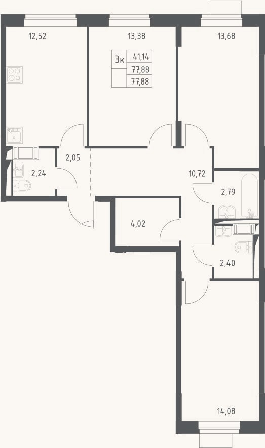 Планировка: 3-к, 77,9 м²