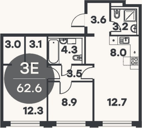 Планировка: 3-к, 62,6 м²