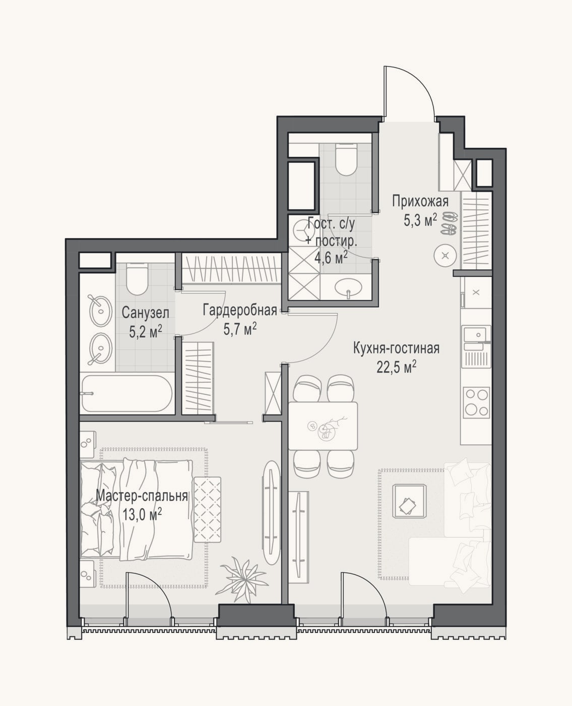 Планировка: 2-к, 56,1 м²