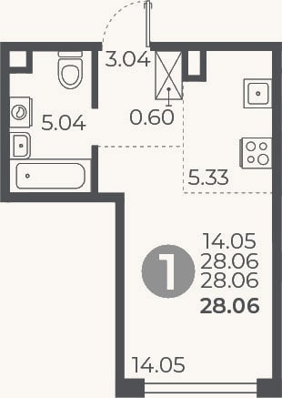 Планировка: Студия, 28,1 м²