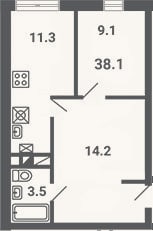 Планировка: 1-к, 38,1 м²