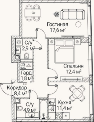 Планировка: 2-к, 59,4 м²
