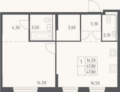 Планировка: 2-к, 47,8 м²
