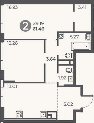 Планировка: 2-к, 61,5 м²